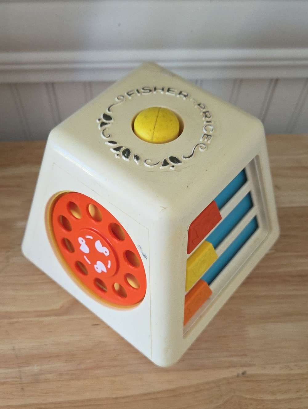 Vintage Fisher-Price Cream Activity Cube with Orange, Yellow & Blue Accents